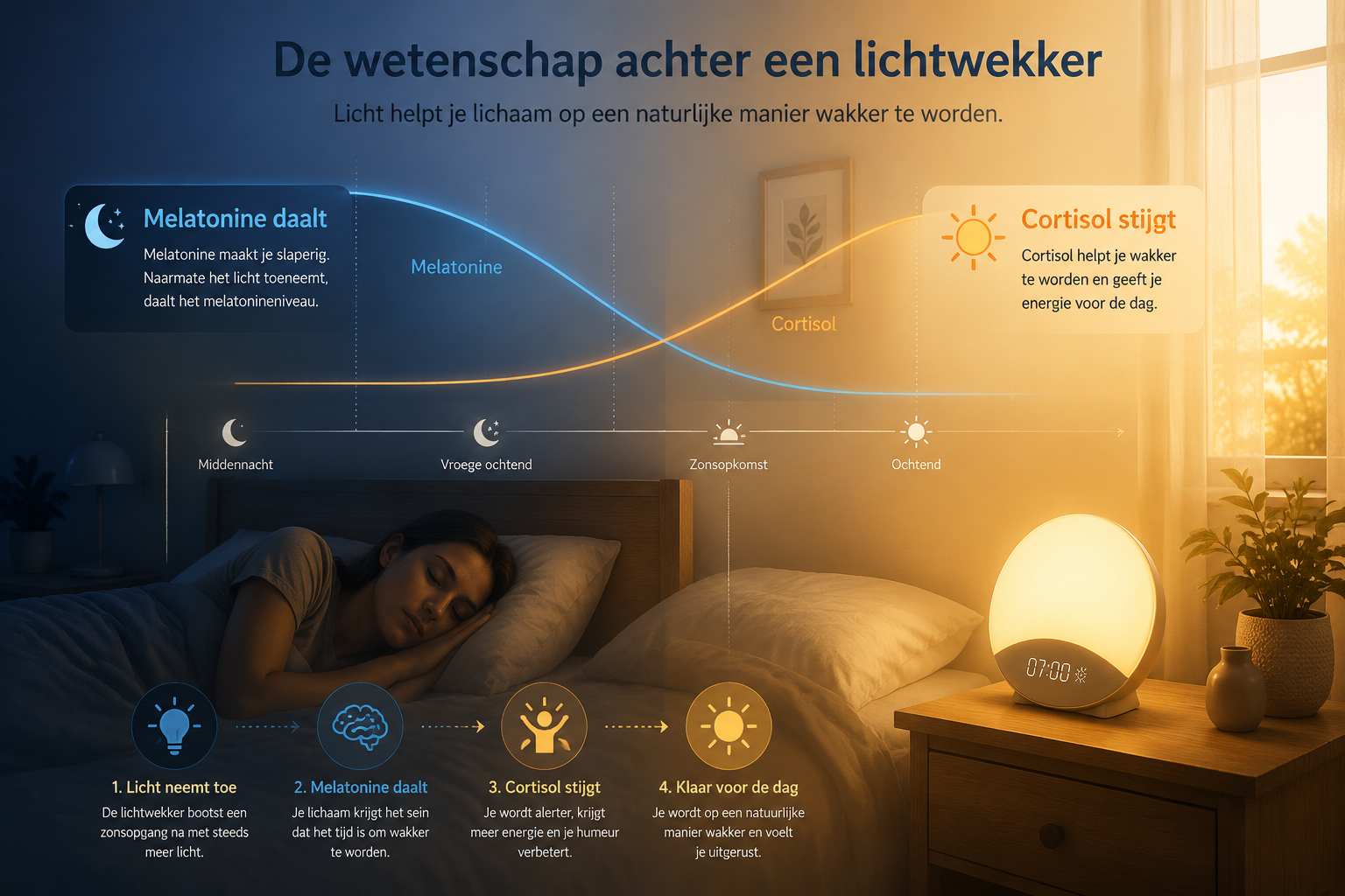 () editorial illustration showing the science of a wake-up light: a split-scene diagram with Dutch labels 'Melatonine daalt'